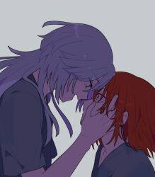 Rule 34 | 1boy, 1girl, :d, brown eyes, eye contact, forehead-to-forehead, from side, grey hair, hands on another&#039;s face, hatori chise, heads together, inagoinaire, joseph cartaphilus, long hair, looking at another, mahou tsukai no yome, medium hair, mole, mole under eye, nervous sweating, open mouth, red hair, smile, sweat, swept bangs, white background, wide-eyed