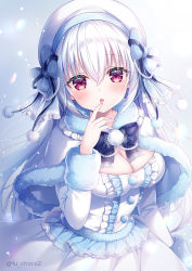 Rule 34 | 1girl, :o, beret, blue bow, blush, bow, breasts, capelet, center frills, cleavage, commentary request, dress, fang, finger to mouth, frills, fur-trimmed capelet, fur-trimmed sleeves, fur trim, hair between eyes, hat, long hair, long sleeves, looking at viewer, medium breasts, mitsuba choco, original, parted lips, red eyes, solo, twitter username, very long hair, white capelet, white dress, white hair, white hat