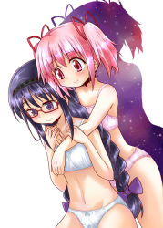 10s 2girls akemi_homura blush bra braid flat_chest glasses hug hug_from_behind kaname_madoka long_hair mahou_shoujo_madoka_magica mahou_shoujo_madoka_magica_(anime) multiple_girls naegi_(naegidokoro) panties pink_hair purple_eyes short_hair simple_background smile twintails underwear underwear_only very_long_hair white_background yuri