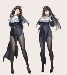 Rule 34 | 1girl, absurdres, ahoge, arm behind back, black footwear, black pantyhose, breasts, closed mouth, commentary request, dress, full body, goti (gotie23), grey background, habit, hand on own chest, hands on own chest, high heels, highres, long hair, long sleeves, looking at viewer, medium breasts, mole, mole under eye, multiple views, nun, one eye closed, open mouth, original, pantyhose, pelvic curtain, red eyes, short dress, simple background, smile