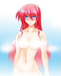 Rule 34 | 1girl, blue eyes, blush, breasts, censored, convenient censoring, engo (aquawatery), hair down, highres, large breasts, long hair, lyrical nanoha, mahou shoujo lyrical nanoha, mahou shoujo lyrical nanoha a&#039;s, nude, pink hair, signum, solo, steam