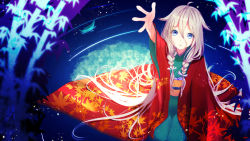 Rule 34 | 1girl, blue eyes, braid, highres, ia (vocaloid), japanese clothes, kimono, long hair, nekomaaro, outstretched arm, pink hair, reaching, reaching towards viewer, ripples, solo, twin braids, very long hair, vocaloid
