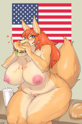 Rule 34 | 1girl, absurdres, american flag, animal ears, animal nose, ass, blue eyes, blush, body fur, breasts, burger, cleft of venus, curvy, drink, eating, eyelashes, female focus, food, fox ears, fox girl, fox tail, furry, furry female, hair between eyes, hair ornament, hairclip, heart, highres, holding, holding food, huge ass, huge breasts, large areolae, lettuce, looking at viewer, nipples, nude, orange hair, original, pussy, pussy peek, shiny skin, simple background, sitting, snout, solo, suigi, tail, thick thighs, thighs, uncensored, wide hips