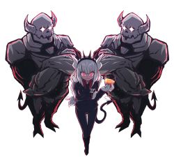 Rule 34 | 1girl, 2boys, absurdres, black footwear, black pants, blouse, blush, crossed arms, crown, cup, demon tail, drinking glass, frown, glorious success, gloves, helltaker, highres, horns, krr316, looking at viewer, lucifer (helltaker), mole, mole under eye, multiple boys, pants, red eyes, red shirt, shirt, tail, transparent background, white gloves, white hair, wine glass
