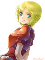 Rule 34 | 1girl, amelia (fire emblem), armor, bad id, bad twitter id, blonde hair, breastplate, fire emblem, fire emblem: the sacred stones, green eyes, looking at viewer, nintendo, pauldrons, shoulder armor, simple background, smile, solo, white background