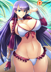 Rule 34 | 1girl, blue eyes, breasts, cleavage, curvy, covered erect nipples, fate/grand order, fate (series), haganef, huge breasts, long hair, looking at viewer, parted lips, purple hair, martha (fate), smile, solo, wide hips