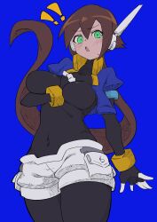 Rule 34 | !, !!, 1girl, absurdres, aile (mega man zx), arm between breasts, between breasts, blue background, blue jacket, blush, bodysuit, bodysuit under clothes, breasts, brown hair, buzzlyears, covered collarbone, covered navel, cowboy shot, cropped jacket, glowing, glowing eyes, green eyes, highres, jacket, large breasts, long hair, looking at viewer, mega man (series), mega man zx, mega man zx advent, open clothes, open jacket, ponytail, robot ears, shorts, simple background, solo, white shorts