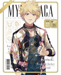 Rule 34 | 1boy, artist name, text background, bakugou katsuki, barcode, blonde hair, boku no hero academia, border, bracelet, brass knuckles, character name, cherry blossoms, collar, copyright name, cover, earrings, ekita kuro, english text, fashion, floral print, foreground text, hand in pocket, jewelry, looking at viewer, magazine cover, male focus, necklace, red eyes, solo, spiked collar, spiked hair, spikes, sunglasses, weapon, white background, yellow border