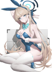 Rule 34 | 1girl, animal ears, arm up, bare shoulders, blonde hair, blue archive, blue bow, blue eyes, blue hairband, blue leotard, bow, bowtie, braid, breasts, cleavage, detached collar, double v, fake animal ears, guihuo inferno, hairband, halo, highleg, highleg leotard, highres, large breasts, leotard, long hair, official alternate costume, official alternate hairstyle, playboy bunny, rabbit ears, sitting, skindentation, solo, thighhighs, thighs, toki (blue archive), toki (bunny) (blue archive), v, very long hair, white thighhighs, wrist cuffs