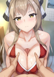 Rule 34 | 1boy, 1girl, amagi brilliant park, bare shoulders, bikini, blush, bow, grabbing another&#039;s breast, breasts, breasts squeezed together, brown eyes, brown hair, cleavage, collarbone, grabbing, hair bow, hetero, highres, large breasts, long hair, looking at viewer, paizuri, penis, ponytail, red bikini, sento isuzu, sidelocks, sweat, swimsuit, white bow, yua (argaoffroad)