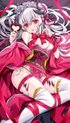 Rule 34 | 1girl, breasts, candy, chocolate, chocolate heart, chocolate on body, chocolate on face, chocolate on legs, dragon girl, dragon horns, fate/grand order, fate (series), food, food on body, food on face, heart, highres, holding, holding chocolate, holding food, horns, japanese clothes, kimono, kiyohime (fate), large breasts, long hair, morizono shiki, multiple horns, off shoulder, panties, red eyes, red kimono, red ribbon, ribbon, side-tie panties, smile, solo, thighhighs, underwear, valentine, white hair, white panties, white thighhighs, wide sleeves