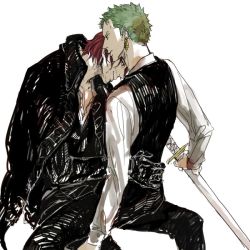 Rule 34 | 2boys, formal, green hair, male focus, multiple boys, one piece, one piece: strong world, red hair, roronoa zoro, shanks (one piece), yaoi