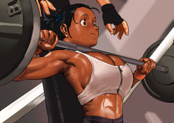 Rule 34 | 1girl, 1other, abs, armpits, arung samudra (cessa), barbell, biceps, black eyes, breasts, cessa, cleavage, commentary, dark skin, dark-skinned female, dutch angle, english commentary, exercising, forehead, hair bobbles, hair ornament, large breasts, midriff, muscular, muscular female, ombok diving and delivery services, pac-man eyes, short twintails, sideboob, solo focus, sports bra, sweat, twintails, very dark skin, weightlifting, white sports bra, zipper