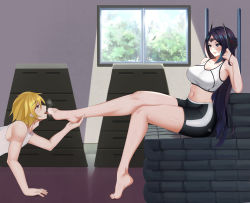 Rule 34 | 1boy, 1girl, absurdres, barefoot, bike shorts, blue eyes, blush, breasts, cleavage, ezreal, feet, licking foot, highres, indoors, irelia, kneeling, large breasts, league of legends, licking, long hair, sitting, sports bra, steam, toes