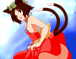 Rule 34 | 1girl, :p, alternate costume, animal ears, ass, bare shoulders, brown eyes, brown hair, cat ears, cat girl, cat tail, chen, collar, dearmybrothers, dress, earrings, female focus, flat chest, hat, jewelry, multiple tails, no panties, short hair, solo, tail, tongue, tongue out, touhou