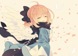 Rule 34 | 1girl, :d, ^ ^, ahoge, black bow, black scarf, blonde hair, blush, bow, brown background, closed eyes, fate/grand order, fate (series), feathered wings, feathers, hair between eyes, hair bow, koha-ace, long sleeves, mimo lm, okita souji (fate), okita souji (koha-ace), open mouth, petals, scarf, simple background, smile, solo, white feathers, white wings, wide sleeves, wings