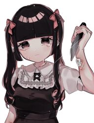 Rule 34 | 1girl, arm up, bags under eyes, bandaid on wrist, black bow, black dress, black eyes, black hair, blood, blood stain, blunt bangs, blunt ends, bow, breasts, closed mouth, collar, collared dress, colored inner hair, commentary request, crying, dot nose, dress, dress ribbon, drill, ear piercing, earrings, frilled shirt collar, frills, frown, furrowed brow, hair bow, head tilt, holding, holding knife, injury, jewelry, jirai kei, kitchen knife, knife, long hair, looking at viewer, medium breasts, menhera.com, mole, multicolored hair, multiple earrings, multiple hair bows, nail art, nail polish, original, piercing, pink bow, pink hair, pink nails, puffy short sleeves, puffy sleeves, ring, ringlets, self-harm, short sleeves, sidelocks, simple background, solo, stud earrings, tears, threat, twintails, two-tone hair, upper body, wedding ring, white background, white collar, white sleeves, wrist cutting