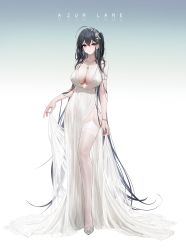 Rule 34 | 1girl, absurdly long hair, absurdres, ahoge, azur lane, bare shoulders, black hair, blue background, breasts, cleavage, closed mouth, commentary request, copyright name, dress, female focus, full body, garter straps, gradient background, hair between eyes, hair ornament, hair over shoulder, highres, jewelry, large breasts, legs, long hair, looking at viewer, necklace, official alternate costume, red eyes, shoes, skindentation, solo, standing, taihou (azur lane), taihou (temptation on the sea breeze) (azur lane), thighhighs, very long hair, white background, white dress, white footwear, white thighhighs, wide hips, yunsang
