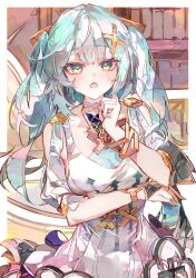 Rule 34 | 1girl, absurdres, aqua hair, bracelet, cocoballking, commentary request, dress, faruzan (genshin impact), genshin impact, green eyes, hair ornament, highres, indoors, jewelry, long hair, looking at viewer, open mouth, short dress, solo, twintails, upper body, very long hair, white dress, x hair ornament