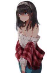 Rule 34 | 10s, 1girl, bare shoulders, black hair, blue eyes, blurry, blush, breasts, cleavage, depth of field, hairband, idolmaster, idolmaster cinderella girls, jewelry, jpeg artifacts, long hair, long sleeves, murasame nohito, necklace, off shoulder, sagisawa fumika, shawl, simple background, solo, sweater