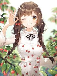 Rule 34 | 1girl, ;d, black ribbon, blush, braid, breasts, brown hair, cherry, cherry print, day, dress, food, food print, fruit, grin, highres, hiiragi souren, holding, holding food, holding fruit, leaf, long hair, long sleeves, looking at viewer, medium breasts, neck ribbon, one eye closed, open mouth, original, outdoors, print dress, ribbon, smile, solo, teeth, twin braids, upper body, white dress, yellow eyes