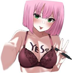 Rule 34 | 1girl, :p, blurry, blush, bob cut, body writing, bra, breasts, brown bra, cleavage, closed mouth, collarbone, commentary, depth of field, eyelashes, fang, fingernails, flirting, floral print, green eyes, hair between eyes, heart, highres, holding, holding marker, looking at viewer, marker, medium breasts, naughty face, pink hair, selfie, short hair, simple background, smile, solo, tanikaze amane, tenshi souzou re-boot!, tft (tft7822), tongue, tongue out, translated, tsurime, underwear, upper body, v, white background, yes