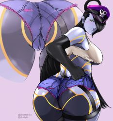 Rule 34 | 1girl, android, ass, black hair, blush, breasts, colored skin, cosplay, elbow gloves, female seth (street fighter), gloves, grey skin, hair over one eye, hat, highres, long hair, poison (final fight) (cosplay), shorts, skellyto, street fighter