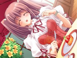 Rule 34 | 1girl, :d, airi (quilt), carnelian, eating, closed eyes, fork, game cg, holding, holding fork, knife, open mouth, quilt, quilt (game), ribbon, smile, solo, two side up, watch, wristwatch