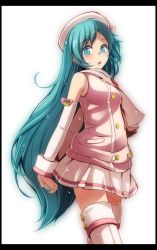 Rule 34 | 1girl, :o, absurdres, alternate hairstyle, aqua eyes, aqua hair, aqua nails, arms behind back, bare shoulders, beret, black border, blush, border, bow, breasts, brown scarf, buttons, cowboy shot, detached sleeves, double-breasted, hair down, hat, hat bow, hatsune miku, highres, long hair, long sleeves, looking at viewer, miniskirt, nail polish, open mouth, own hands together, pink bow, pleated skirt, project diva (series), project diva x, round teeth, scarf, simple background, skirt, small breasts, solo, standing, tareme, teeth, thighhighs, thighs, tsukishiro saika, very long hair, vocaloid, white background, white hat, white skirt, zettai ryouiki