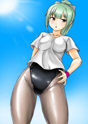 Rule 34 | 1girl, black leotard, black pantyhose, blush, bow, breasts, brown eyes, collarbone, covered navel, day, green hair, hair bow, hair ribbon, kantai collection, kudou (ooabareteng), leotard, leotard under clothes, looking at viewer, open mouth, outdoors, pantyhose, ponytail, ribbon, short sleeves, small breasts, solo, standing, sweatdrop, swimsuit, yuubari (kancolle)