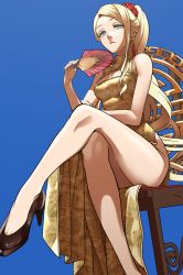 Rule 34 | 1girl, blonde hair, blue background, blue eyes, breasts, brown footwear, chair, character request, china dress, chinese clothes, cleavage, cleavage cutout, closed mouth, clothing cutout, dress, earrings, folding fan, hand fan, hand up, high heels, highres, holding, holding fan, hoshino me wo tsubutte., jewelry, crossed legs, long dress, looking at viewer, medium breasts, nagashii kouhei, no panties, ponytail, shoes, side slit, simple background, sitting, solo, tassel, tassel earrings, yellow dress