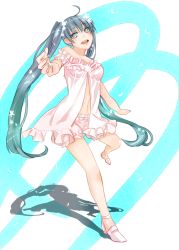 Rule 34 | 1girl, ahoge, babydoll, bad id, bad pixiv id, bloomers, blue eyes, blue hair, carpe-diem--allegory, dress, hatsune miku, matching hair/eyes, navel, off shoulder, outstretched arm, shadow, solo, transparent background, twintails, underwear, vocaloid