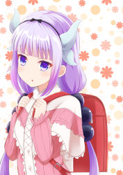 Rule 34 | 10s, 1girl, backpack, bag, blue eyes, capelet, commentary request, dragon girl, dragon horns, dragon tail, floral background, fukemachi, hair tubes, hairband, highres, horns, kanna kamui, kobayashi-san chi no maidragon, light purple hair, long hair, looking at viewer, parted lips, purple hair, randoseru, solo, tail