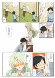 Rule 34 | ..., 1boy, 1girl, afterimage, anzai romi, black-framed eyewear, black hair, blue pants, brown skirt, collared shirt, comic, commentary, commentary request, crying, english commentary, flying sweatdrops, frown, girls und panzer, glasses, green hair, grey shirt, hand on another&#039;s head, happy, highres, husband and wife, indoors, interlocked fingers, jinguu (4839ms), kneeling, long skirt, long sleeves, looking at another, mixed-language commentary, motion blur, motion lines, on floor, opaque glasses, outside border, own hands together, pants, red eyes, semi-rimless eyewear, shirt, skirt, spoken ellipsis, sweatdrop, sweater, swept bangs, tatami, tears, translated, tsuji renta, turtleneck, turtleneck sweater, under-rim eyewear, white sweater
