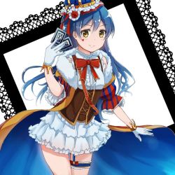 Rule 34 | 1girl, blue hair, bridal garter, cape, card, commentary request, cowboy shot, frills, fur trim, gloves, hair between eyes, hat, heart, holding, holding card, long hair, looking at viewer, love live!, love live! school idol festival, love live! school idol project, mechiko (mmttkknn), smile, solo, sonoda umi, white gloves, yellow eyes
