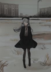 Rule 34 | 1girl, beret, black bow, black footwear, black hat, black jacket, black pantyhose, black skirt, boots, bow, building, chihuri, collared shirt, cross-laced footwear, drawstring, dress shirt, eve (chihuri), eyepatch, grey eyes, grey hair, grey shirt, hair between eyes, hair bow, hands in pockets, hat, highres, jacket, lace-up boots, lamppost, long hair, looking at viewer, medical eyepatch, open clothes, open jacket, original, outdoors, pantyhose, power lines, puddle, shirt, skirt, snow, solo, standing, water