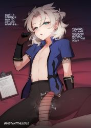 Rule 34 | 2boys, albedo (genshin impact), androgynous, aqua eyes, bar censor, bed sheet, black gloves, blue shirt, breath, bulge, censored, clipboard, collarbone, collared shirt, covered erect nipples, english text, erection, feet out of frame, genshin impact, gloves, grey hair, hand up, heavy breathing, instanttnoodle, large penis, looking at viewer, lying, male focus, medium hair, multiple boys, navel, on back, open clothes, open mouth, open shirt, out of frame, pantyhose, penis, shadow, shirt, short sleeves, sidelocks, thighs, timaeus (genshin impact), toned, toned male, trembling, twitter username, yaoi