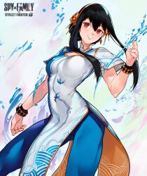 Rule 34 | 1girl, black hair, blue leggings, breasts, capcom, cesar art456, china dress, chinese clothes, chun-li, chun-li (cosplay), closed mouth, commentary, copyright name, cosplay, crossover, dress, english commentary, feet out of frame, hair between eyes, hairband, highres, leggings, long hair, medium breasts, pelvic curtain, red eyes, smile, solo, spy x family, standing, street fighter, street fighter 6, water, white background, wristband, yellow hairband, yor briar
