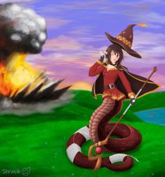 Rule 34 | 1girl, ;d, absurdres, artist name, bandaged tail, bandages, belt, black belt, black gloves, breasts, brown cape, brown hair, brown hat, button eyes, buttons, cape, cloud, cloudy sky, collar, collarbone, commentary, dress, english commentary, explosion, eyebrows hidden by hair, fangs, fingerless gloves, full body, gloves, gradient sky, grass, hand up, hat, highres, holding, holding staff, huge filesize, kono subarashii sekai ni shukufuku wo!, lake, lamia, long sleeves, looking at viewer, megumin, monster girl, monsterification, one eye closed, open mouth, pointy ears, purple sky, red dress, red eyes, scales, short hair, short hair with long locks, shrasik, sidelocks, sky, slit pupils, small breasts, smile, smoke, snake tail, solo, staff, standing, sunset, tail, unworn hat, unworn headwear, witch hat