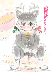 Rule 34 | 1girl, absurdres, animal ears, antlers, bell, black gloves, black jacket, black thighhighs, blush, boots, bowl, fur-trimmed boots, fur-trimmed jacket, fur trim, gloves, green eyes, grey hair, hair ribbon, heart, heterochromia, highres, hinoto (pixiv48761170), horns, jacket, kemono friends, long hair, long sleeves, looking down, low twintails, no panties, peeing, pussy, red eyes, reindeer (kemono friends), reindeer antlers, reindeer girl, ribbon, smile, spoken heart, squatting, thighhighs, twintails, uncensored, white footwear