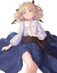 Rule 34 | 1girl, black ribbon, blonde hair, blue eyes, blue skirt, breasts, cleavage cutout, clothing cutout, commentary request, expressionless, feet out of frame, hair ribbon, io (io oekaki), long skirt, long sleeves, looking at viewer, lying, medium hair, on back, original, parted lips, ribbon, sash, shirt, simple background, skirt, small breasts, thighs, white background, white shirt