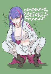 Rule 34 | 1girl, bandages, before and after, bousouzoku, breasts, cleavage, clenched teeth, collarbone, delinquent, fate/grand order, fate (series), green eyes, streaked hair, jacket, midriff, multicolored hair, navel, pants, purple hair, martha (fate), sarashi, solo, squatting, teeth, utu (ldnsft)