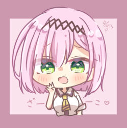 Rule 34 | 1girl, :d, absurdres, black hairband, blush stickers, bob cut, chibi, commentary request, eyes visible through hair, green eyes, hair between eyes, hairband, hand up, hashtag-only commentary, heart, highres, looking at viewer, meme, mesugaki, open mouth, pink background, pink hair, raised eyebrows, school uniform, shirt, short hair, short sleeves, signature, simple background, smile, solo, tanikaze amane, tenshi souzou re-boot!, translated, upper body, utuigawa, white shirt, zako (meme)