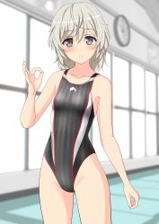 Rule 34 | 1girl, absurdres, black one-piece swimsuit, breasts, collarbone, commentary request, cowboy shot, high school fleet, highres, indoors, logo, looking at viewer, ok sign, one-piece swimsuit, parted lips, purple eyes, short hair, silver hair, small breasts, solo, standing, striped clothes, striped one-piece swimsuit, swimsuit, takafumi, tateishi shima