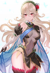 Rule 34 | 1girl, bare shoulders, black dress, black gloves, black panties, blush, breasts, commentary, corrin (female) (fire emblem), corrin (fire emblem), covered navel, detached sleeves, dress, fairy wings, fake wings, fire emblem, fire emblem fates, fire emblem heroes, flower, gloves, green hairband, grey hair, grey sleeves, grin, hair between eyes, hairband, haru (nakajou-28), highres, long hair, looking at viewer, medium breasts, nintendo, official alternate costume, panties, pointy ears, red eyes, red flower, red rose, rose, see-through, smile, solo, thighhighs, thorns, underwear, very long hair, wavy hair, white background, wings