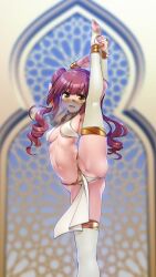 Rule 34 | 1girl, aogiri penta, ass, blush, breasts, brown hair, cameltoe, cleavage, cleft of venus, crotch, dancer, drill hair, feet, foot out of frame, hanazono yurine, harem outfit, highres, jashin-chan dropkick, legs, long hair, looking at viewer, mouth veil, navel, no shoes, open mouth, small breasts, smile, solo, split, standing, standing on one leg, standing split, stirrup legwear, thighhighs, toeless legwear, toes, twin drills, underboob, veil, white thighhighs, yellow eyes