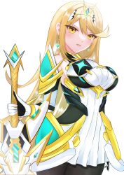 Rule 34 | 1girl, absurdres, aegis sword (xenoblade), arm guards, bare shoulders, black pantyhose, blonde hair, breasts, chest jewel, commentary request, dress, drop earrings, earrings, elbow gloves, gem, gloves, highres, holding, holding sword, holding weapon, jewelry, large breasts, long hair, microdress, mythra (massive melee) (xenoblade), mythra (xenoblade), neon trim, pantyhose, solo, suspenders, swept bangs, sword, thigh strap, tiara, uji10ukifune, upper body, very long hair, weapon, white background, white dress, white gloves, xenoblade chronicles (series), xenoblade chronicles 2, yellow eyes