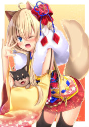 Rule 34 | 1girl, ;d, ahoge, animal, animal ears, bad id, bad pixiv id, bent over, blue eyes, commentary request, dog ears, dog tail, fang, fur scarf, hair ornament, highres, holding, holding animal, japanese clothes, light brown hair, long hair, looking at viewer, navy (navy.blue), one eye closed, open mouth, original, pleated skirt, shiba inu, skirt, smile, tail, thick eyebrows, wide sleeves