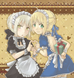 Rule 34 | 2girls, ahoge, artoria pendragon (all), artoria pendragon (fate), black ribbon, blue dress, blush, box, dress, dual persona, fate/stay night, fate (series), gift, gift box, heart, heart hands, holding, holding behind back, looking at viewer, maid, maid headdress, multiple girls, official alternate costume, puffy short sleeves, puffy sleeves, ribbon, saber (fate), saber alter, short sleeves, tyokopan