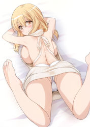Rule 34 | 1girl, ass, backboob, backless dress, backless outfit, bare back, barefoot, blonde hair, blush, breast press, breasts, commentary request, dress, feet, from behind, large breasts, legs, legs up, looking back, lying, meme attire, mitarashi kousei, nearly naked sweater, no bra, no pants, on stomach, panties, short hair, sideboob, smile, solo, sunohara ayaka, sunoharasou no kanrinin-san, sweater, thighs, toes, turtleneck, turtleneck sweater, underwear, virgin killer sweater, white panties, white sweater, yellow eyes